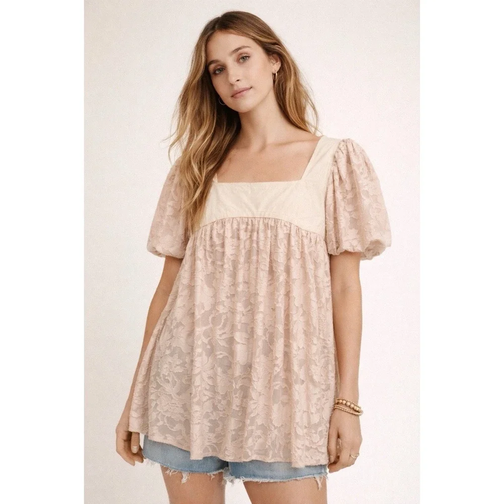 Free People Top M Blush‎ Lace Babydoll Tunic Puff Sleeve Boho Romantic Whimsy